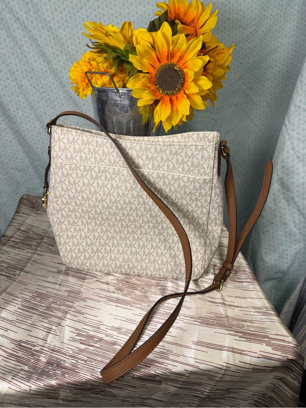 Michael Kors Cream and Tan Logo Crossbody Shoulder Bag